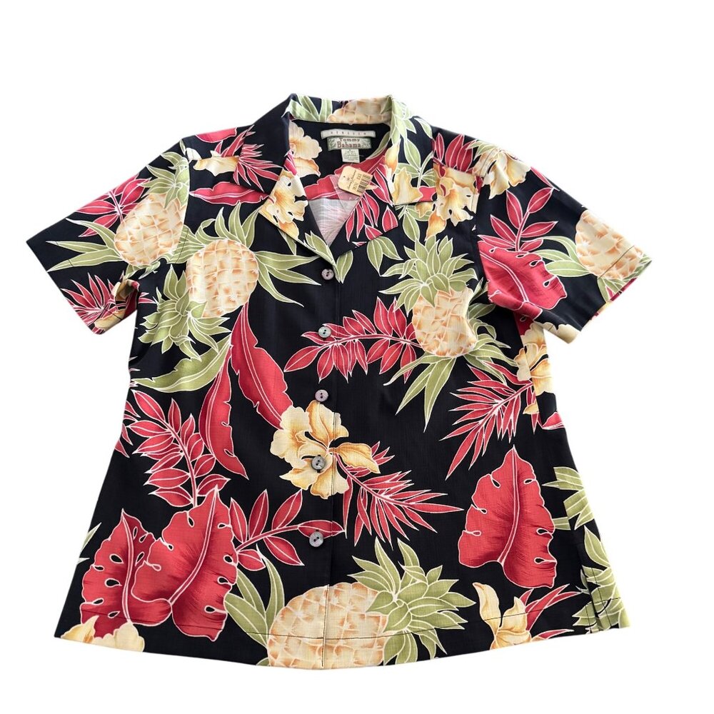 Tommy Bahama Women's Stretch Silk Blend Black Floral SS Button Shirt, Size S NWT